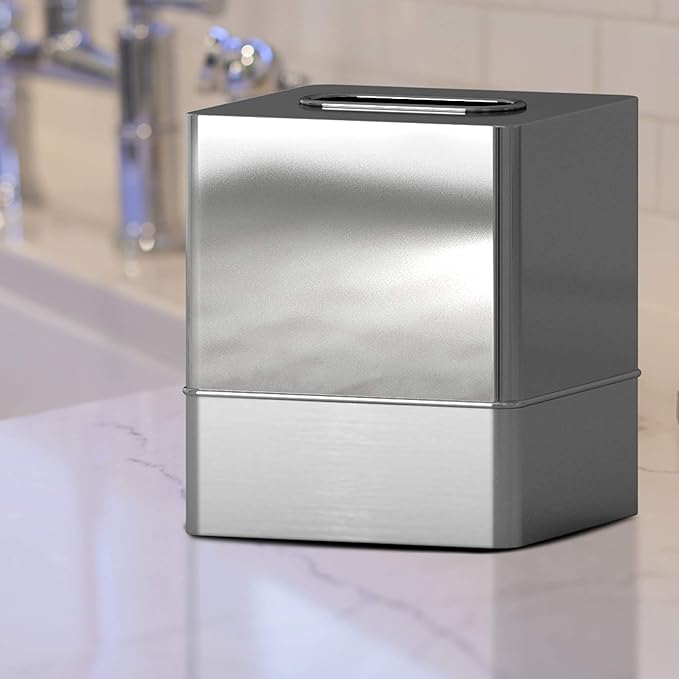 Tissue box cover | Two-Tone Stainless Steel Square Facial Tissue Box Holder for Bathroom Vanity Countertops, Dressers