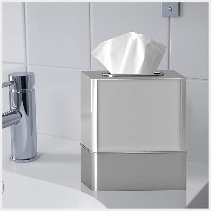 Tissue box cover | Two-Tone Stainless Steel Square Facial Tissue Box Holder for Bathroom Vanity Countertops, Dressers