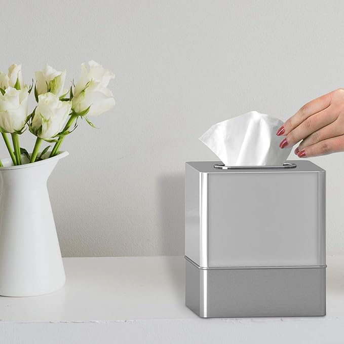 Tissue box cover | Two-Tone Stainless Steel Square Facial Tissue Box Holder for Bathroom Vanity Countertops, Dressers