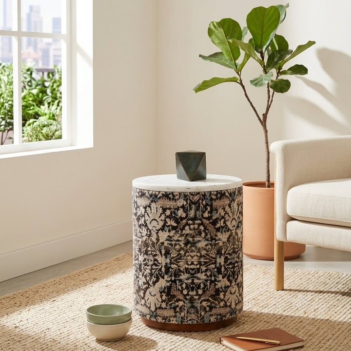 Marble Top Drum Ottoman | 11.5 x 11.5 x 20" |  Accent Stool
