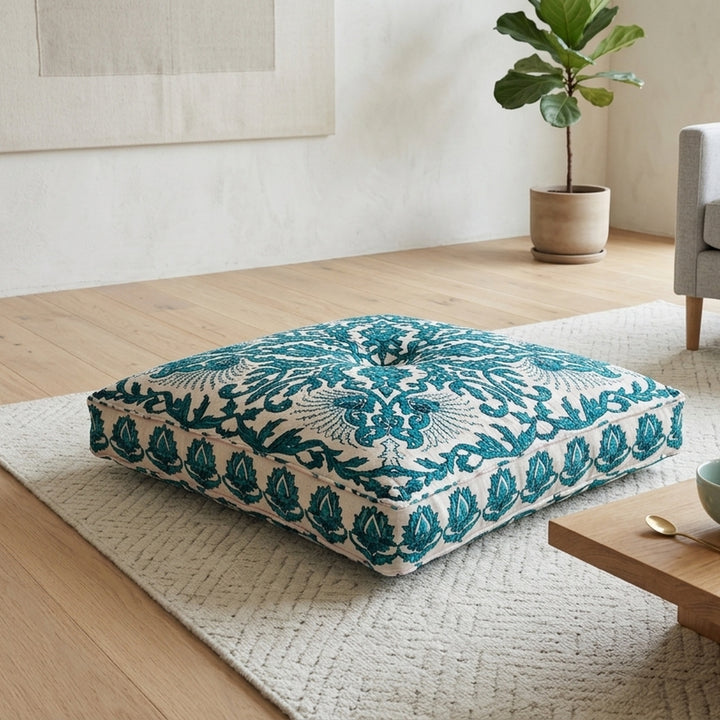 Embroidered Square Floor Pillow 30x30x5", Seating Cushion