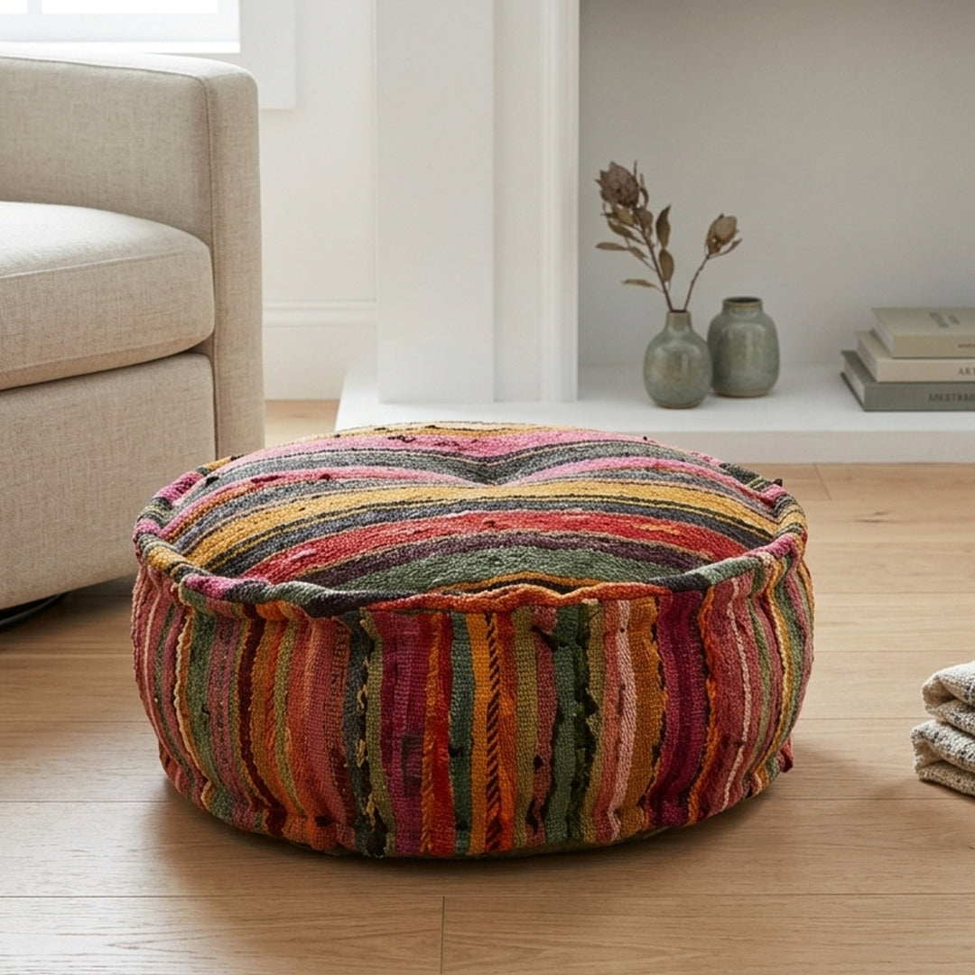 Round Pouf Ottoman | Handmade Floor Cushion Puff Seat, 22x8"