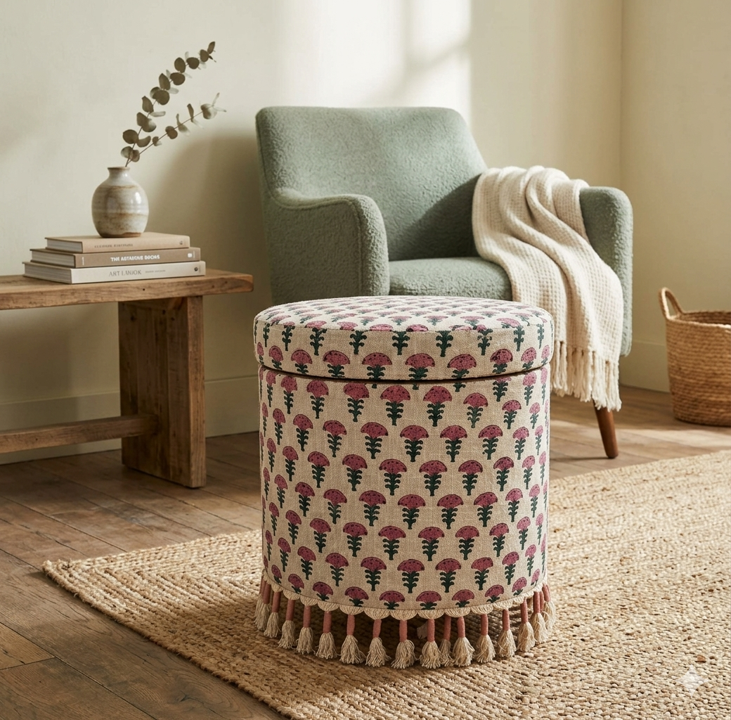 Bohemian Upholstered Ottoman with Hidden Storage, 16x16x18"