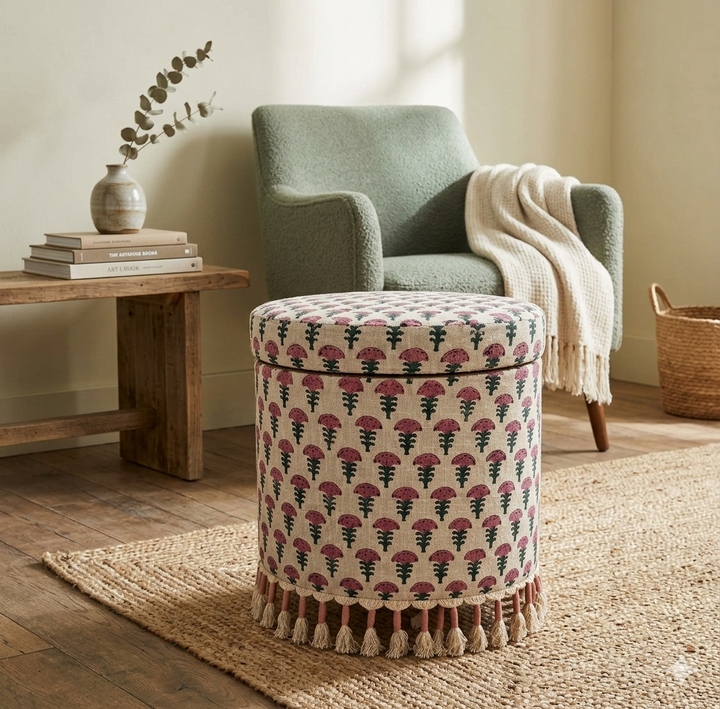 Bohemian Upholstered Ottoman with Hidden Storage, 16x16x18"