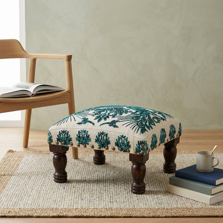 Bohemian Embroidered Upholstered Foot Stool, 16x16x8"