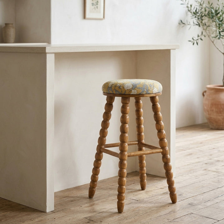 Spindle Upholstered Bar Stool with Solid Acacia Wood
