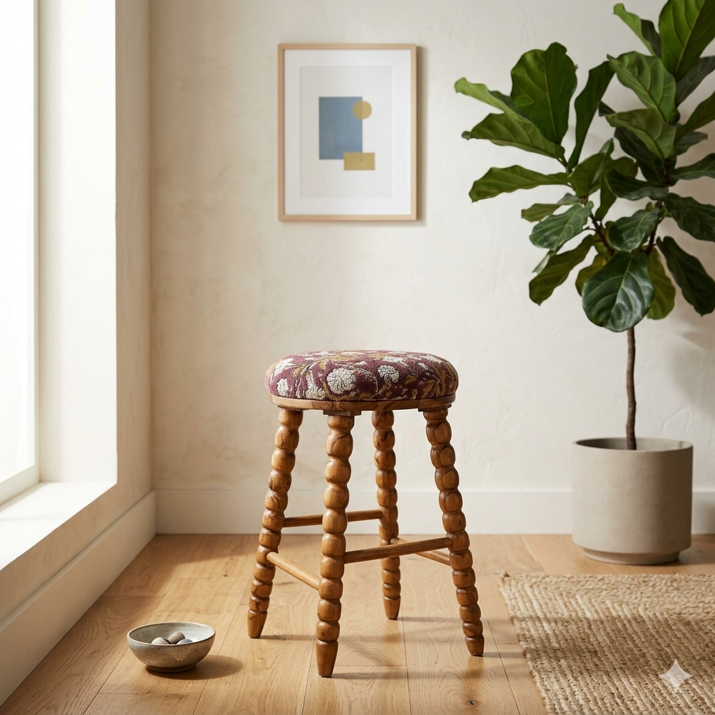 Spindle Upholstered Bar Stool with Solid Acacia Wood