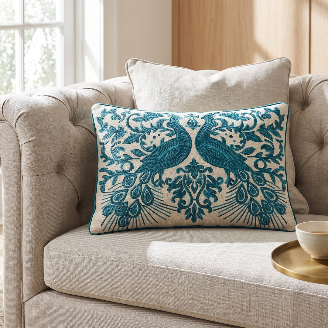 Embroidered Peacock Decorative Pillow with Filler, 16x24x6"