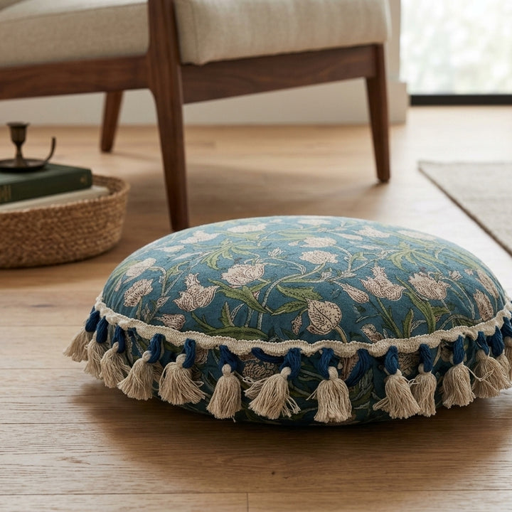 Printed Round Floor Pillow with Tassels, 20x20x3.5"