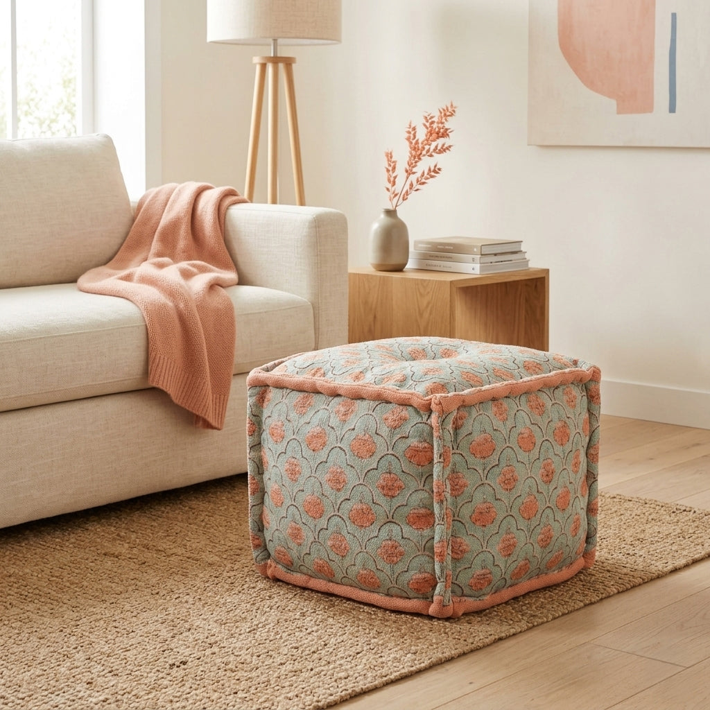 Floral Print Cube Ottoman, 20x20x14 Inch Handmade Floor Pouf