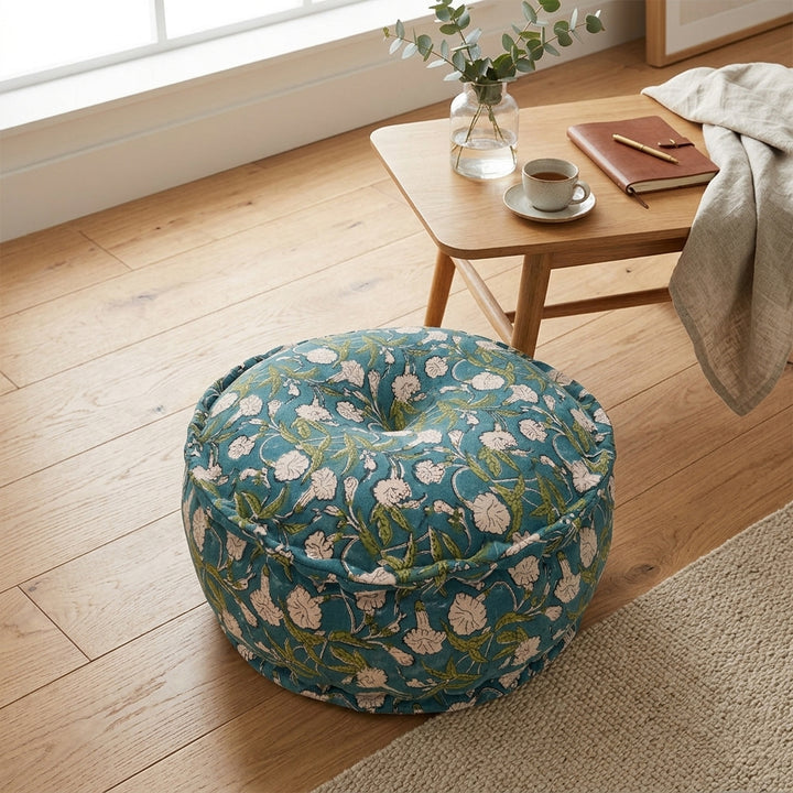 Printed Floral Pouf Ottoman, 22x22x8" Round Floor Cushion