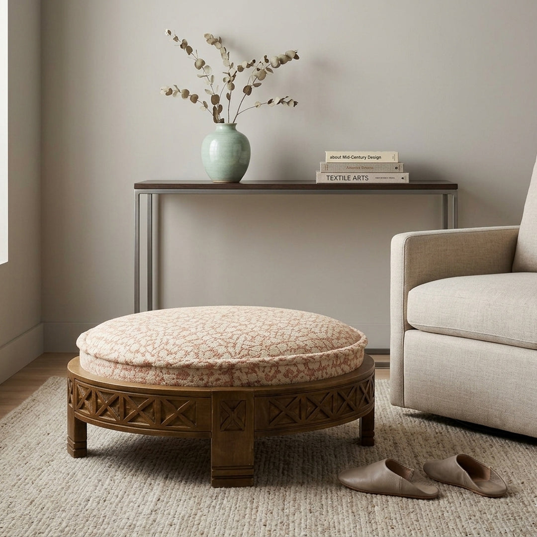 Handcrafted Wooden Upholstered Round Ottoman, 29.5"