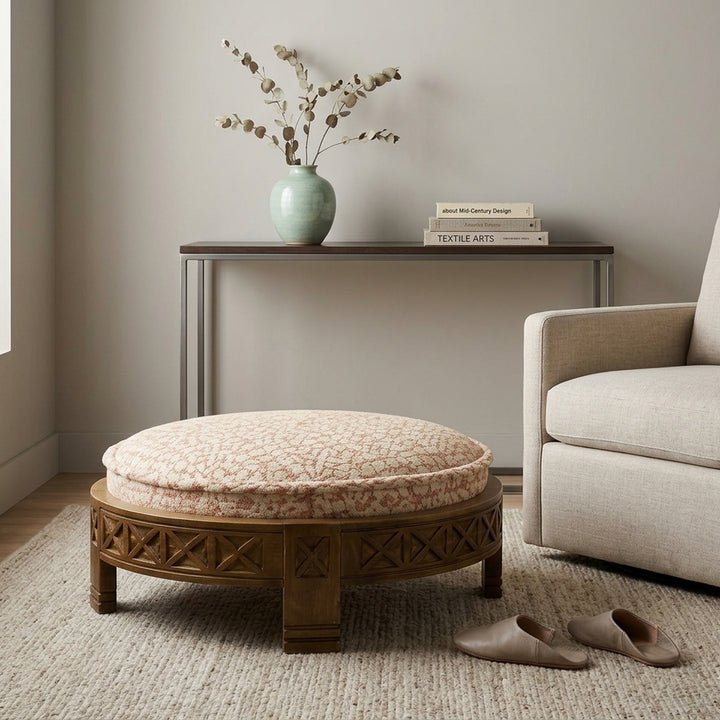 Handcrafted Wooden Upholstered Round Ottoman, 29.5"