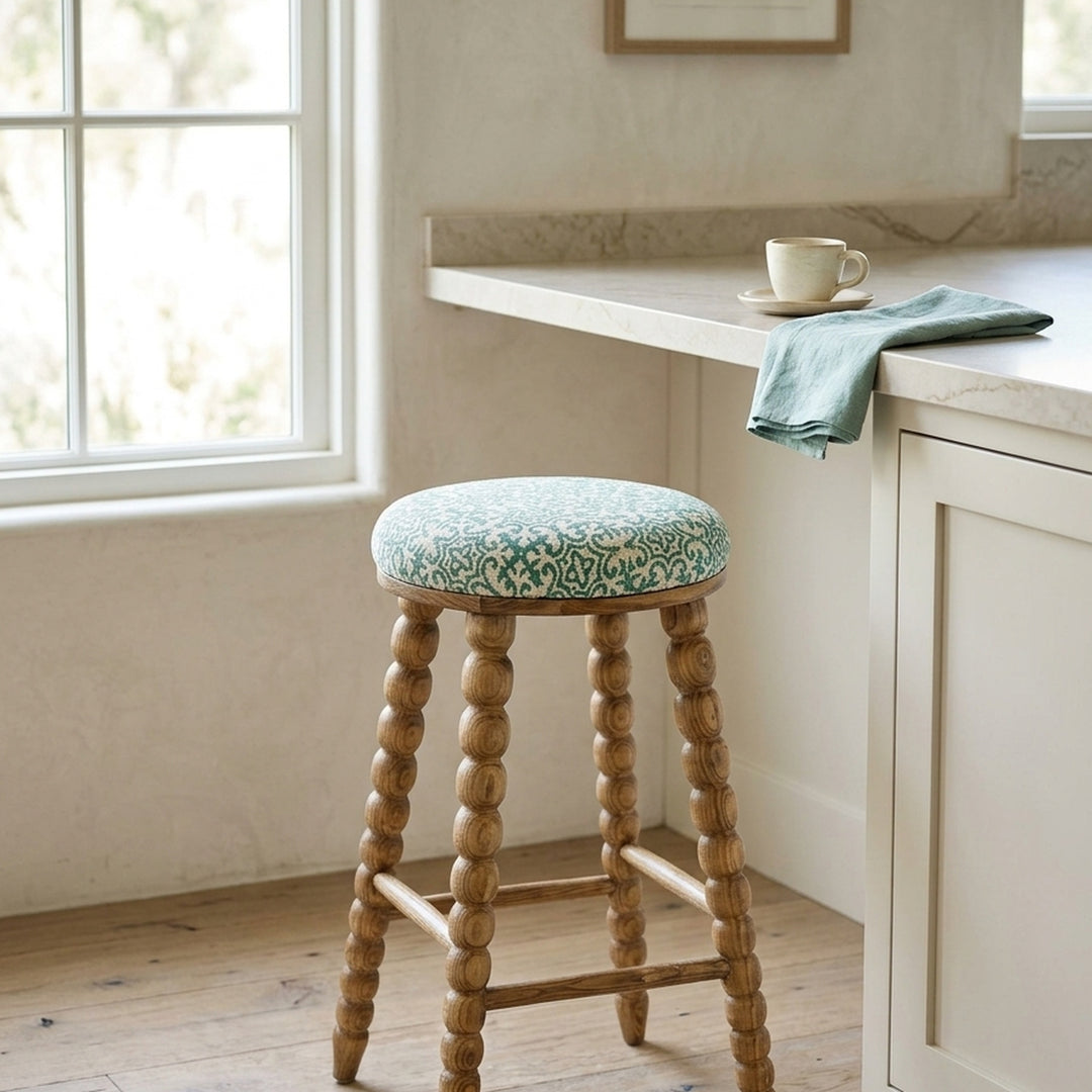 Spindle Upholstered Bar Stool with Solid Acacia Wood