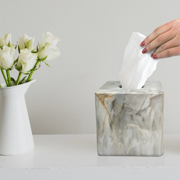 Boutique Tissue Box Cover | Resin Square Facial Tissue Box Holder | Marble Finish