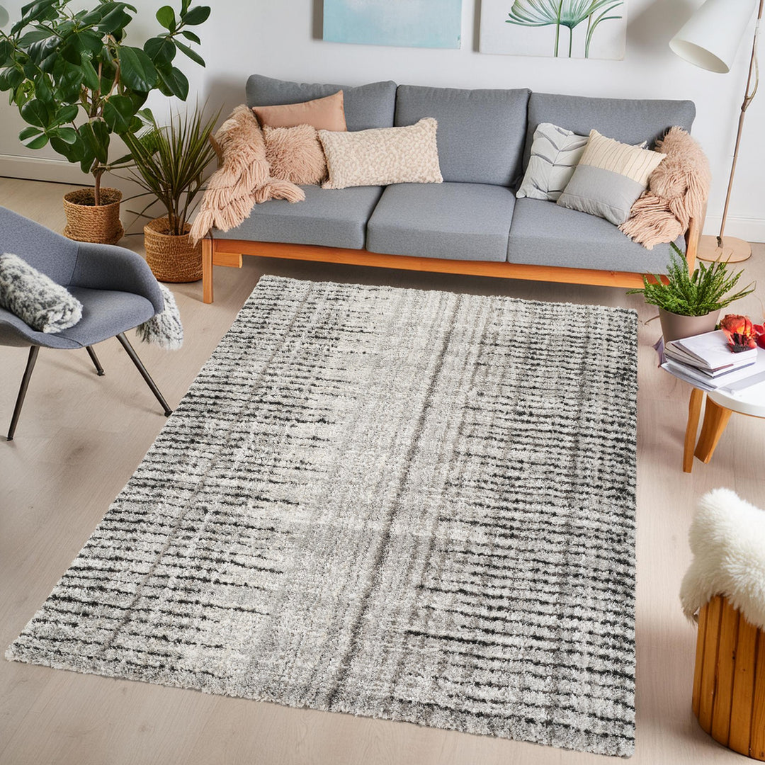 Modern Linear Abstract Area Rug, Black & Ivory | Soft Polypropylene Blend | Contemporary Indoor Accent Rug