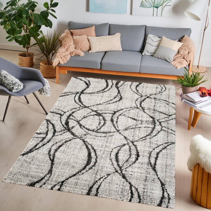 Modern Abstract Swirl Area Rug, Black & Ivory | Soft Polypropylene Blend | Contemporary Indoor Accent Rug