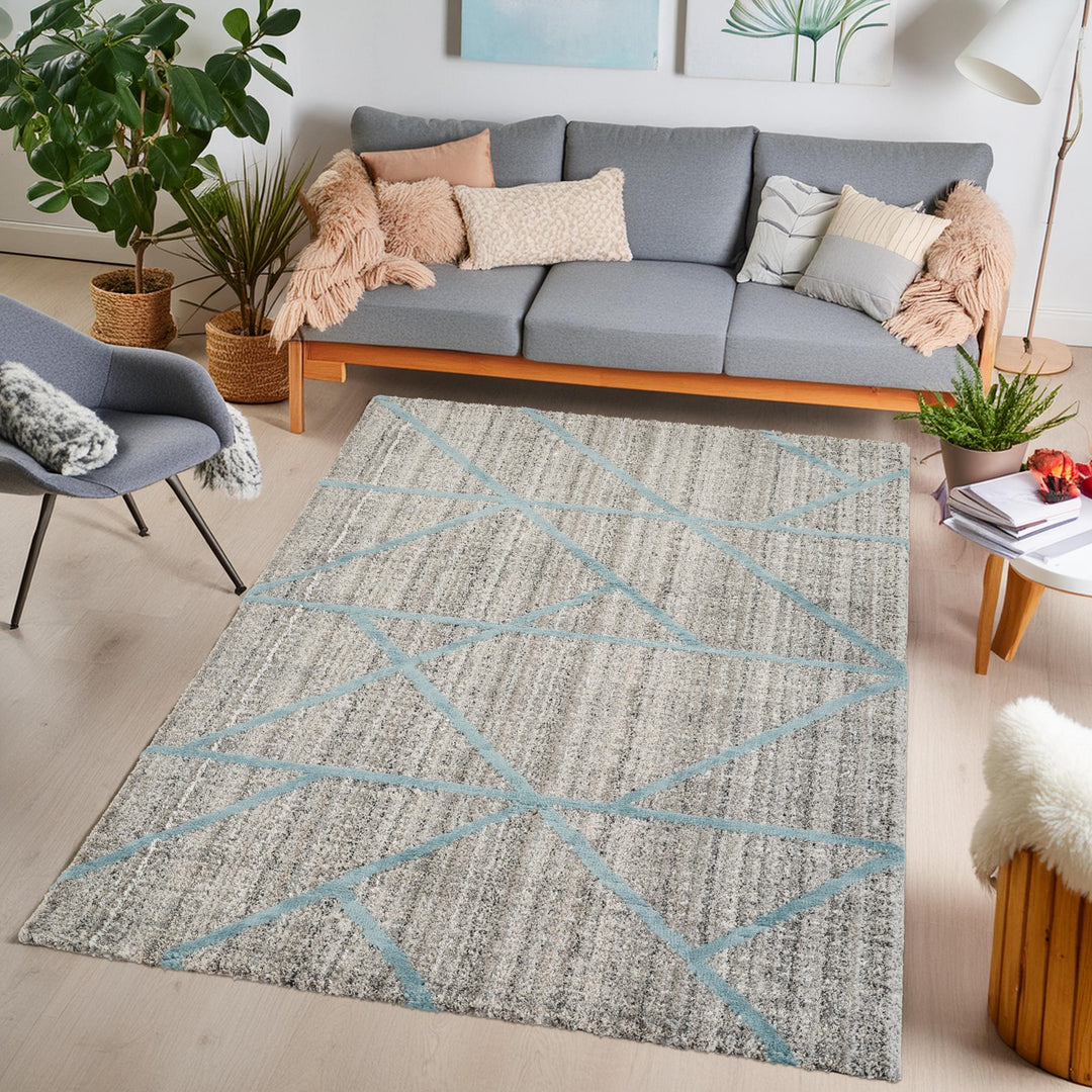 Modern Geometric Triangle Area Rug, Blue & Ivory | Soft Polypropylene Blend | Contemporary Indoor Accent Rug