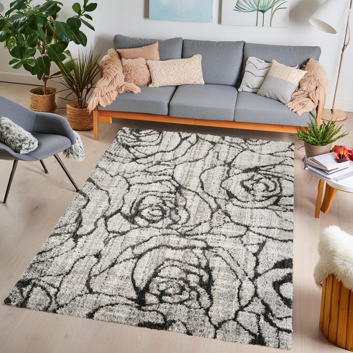 Modern Floral Black & Ivory Area Rug | Polypropylene Blend |  Contemporary Indoor Accent Rug