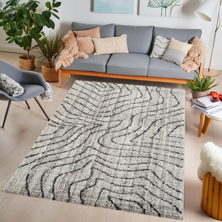 Modern Abstract Black & Ivory Area Rug | Polypropylene Blend | Contemporary Indoor Carpet