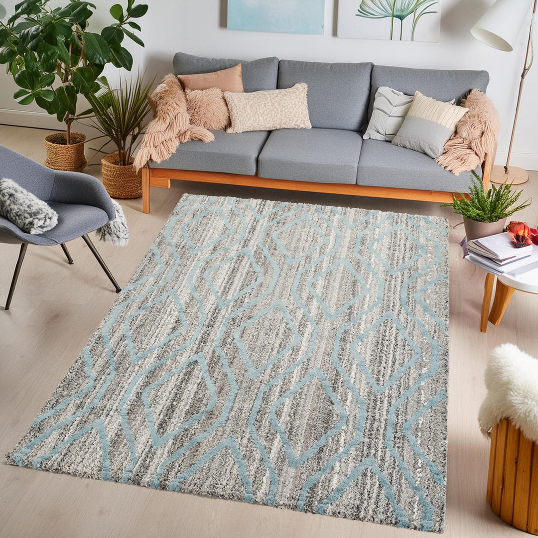 Modern Geometric Diamond Area Rug, Blue & Ivory | Soft Polypropylene Blend | Contemporary Indoor Accent Rug