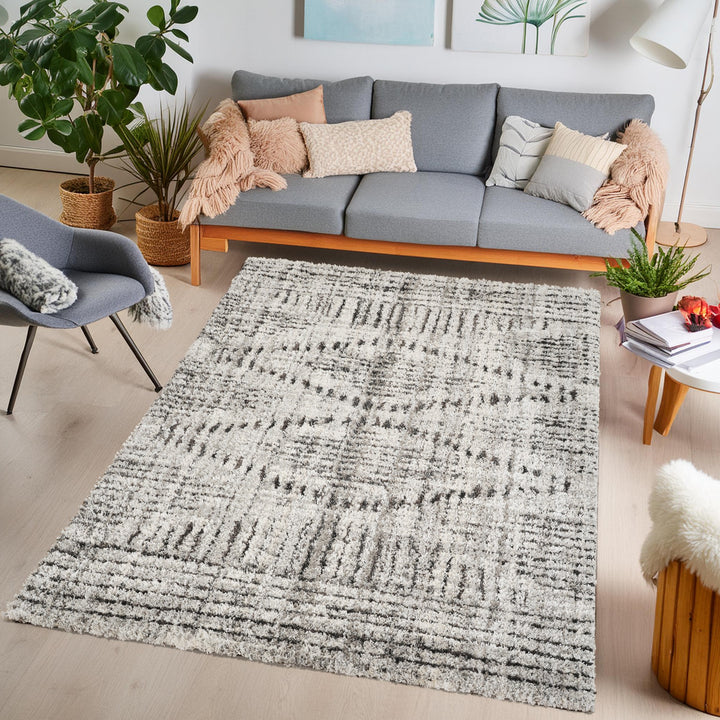 Modern Tribal Black & Ivory Area Rug | Polypropylene Blend | Soft 0.45" Cut Pile | Contemporary Indoor Geometric Rug