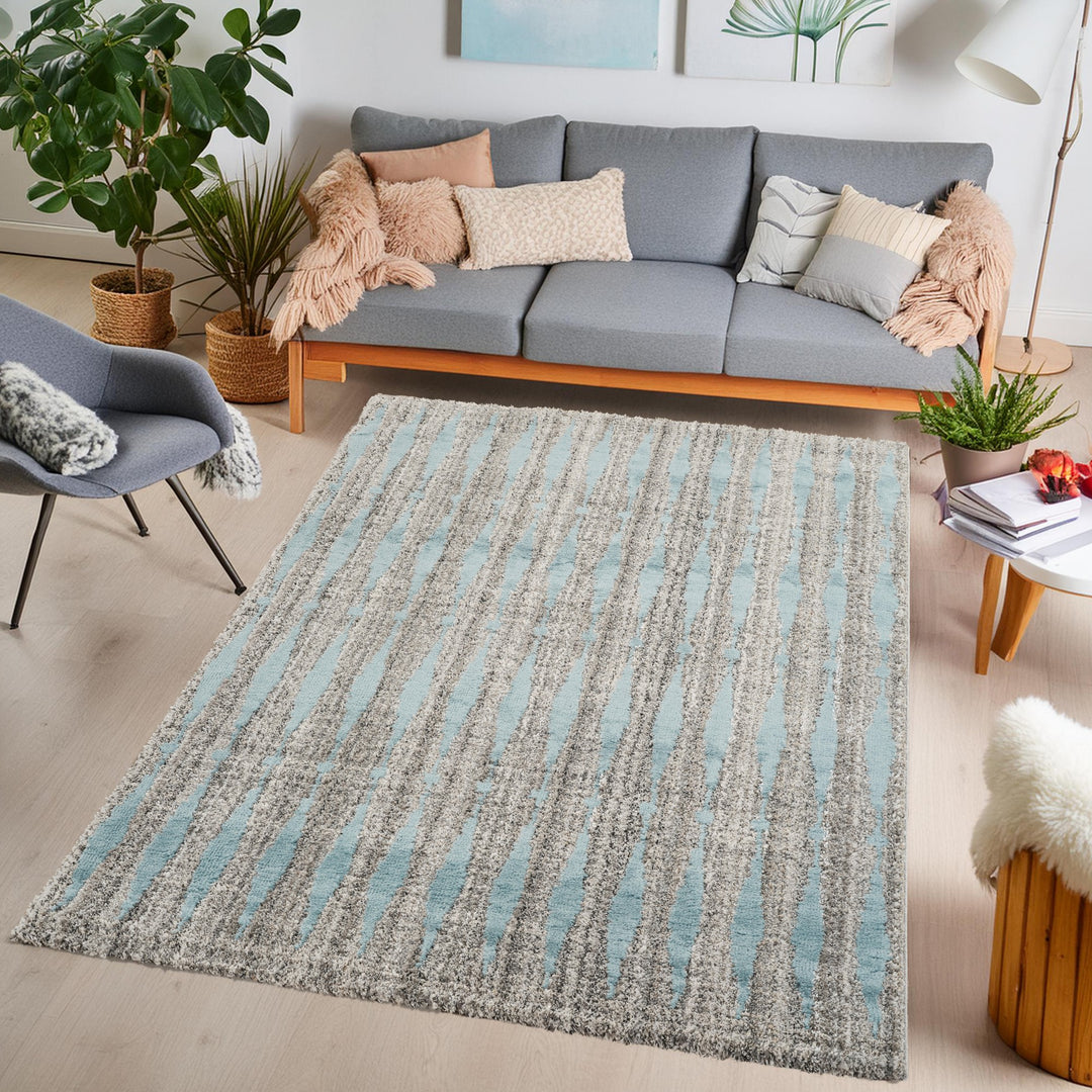 Modern Striped Abstract Area Rug, Blue & Ivory | Soft Polypropylene Blend | Contemporary Indoor Accent Rug