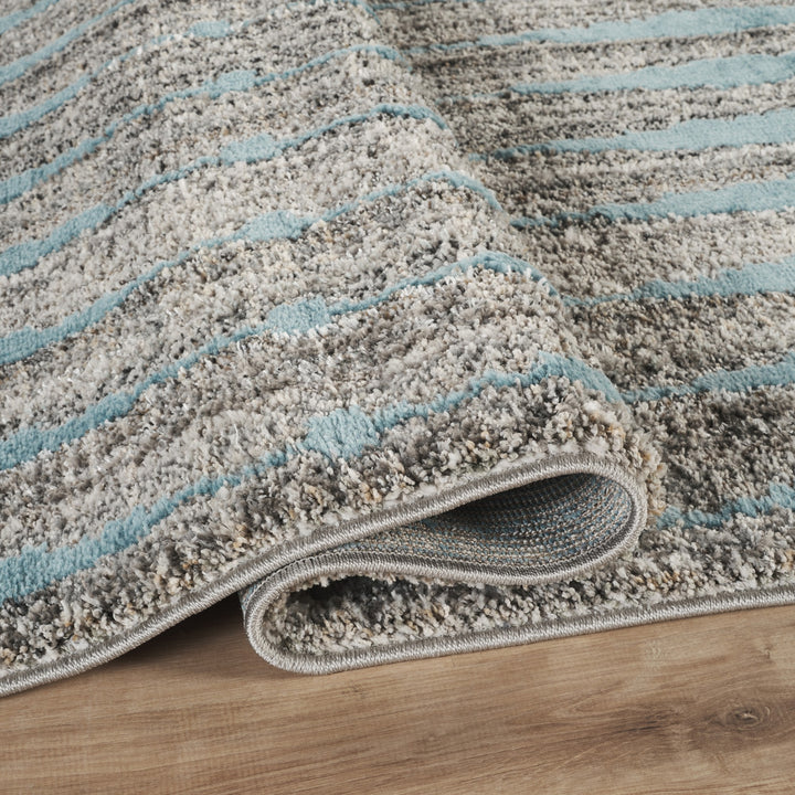 Modern Striped Abstract Area Rug, Blue & Ivory | Soft Polypropylene Blend | Contemporary Indoor Accent Rug