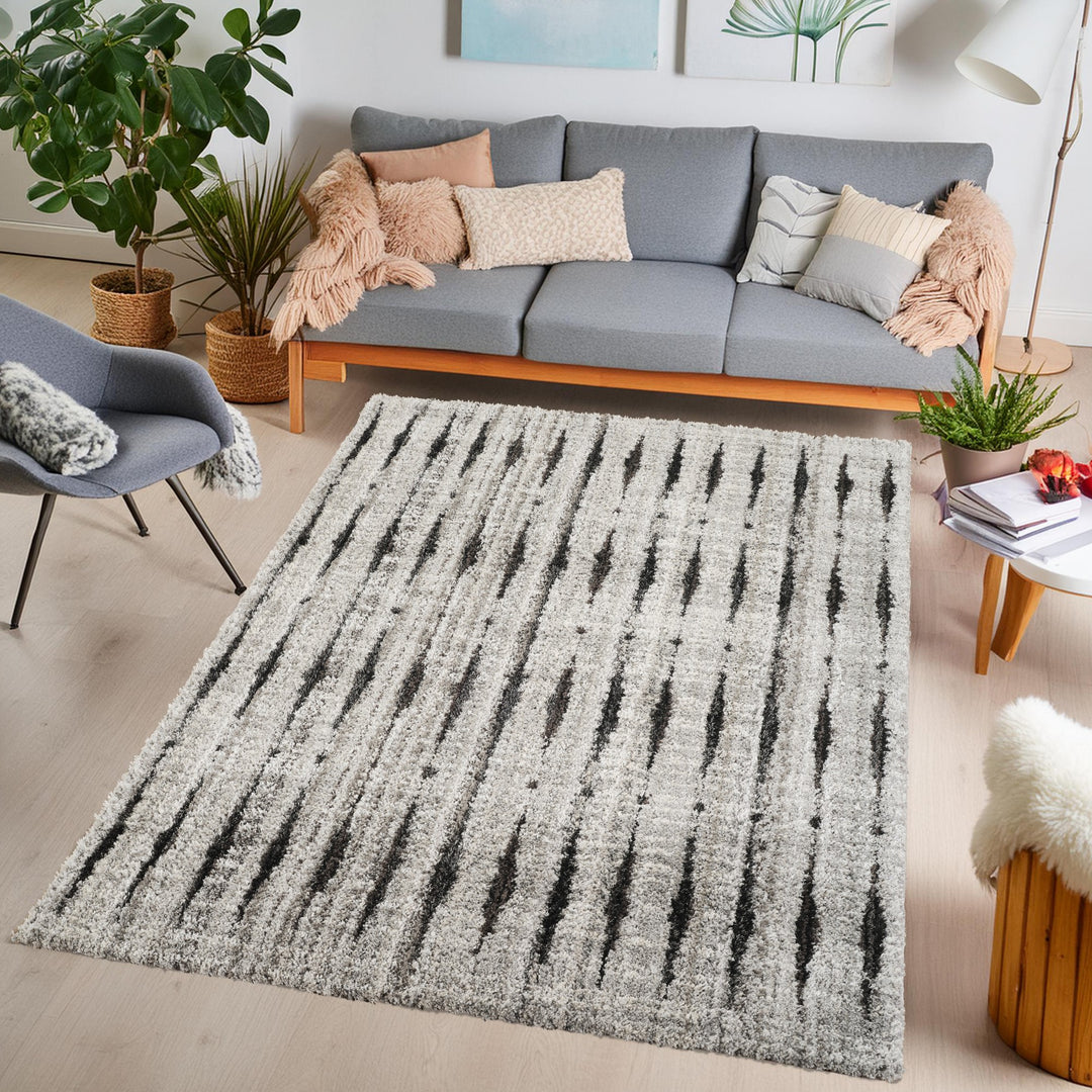 Modern Striped Abstract Area Rug, Black & Ivory | Soft Polypropylene Blend | Contemporary Indoor Accent Rug