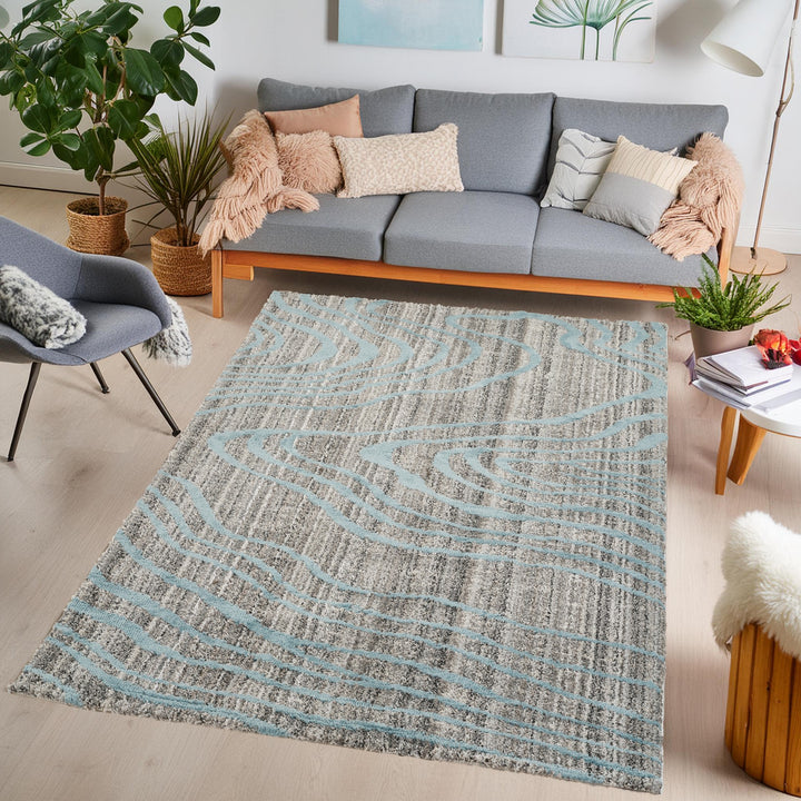 Modern Abstract Blue & Ivory Area Rug | Polypropylene Blend | Contemporary Indoor Accent Rug