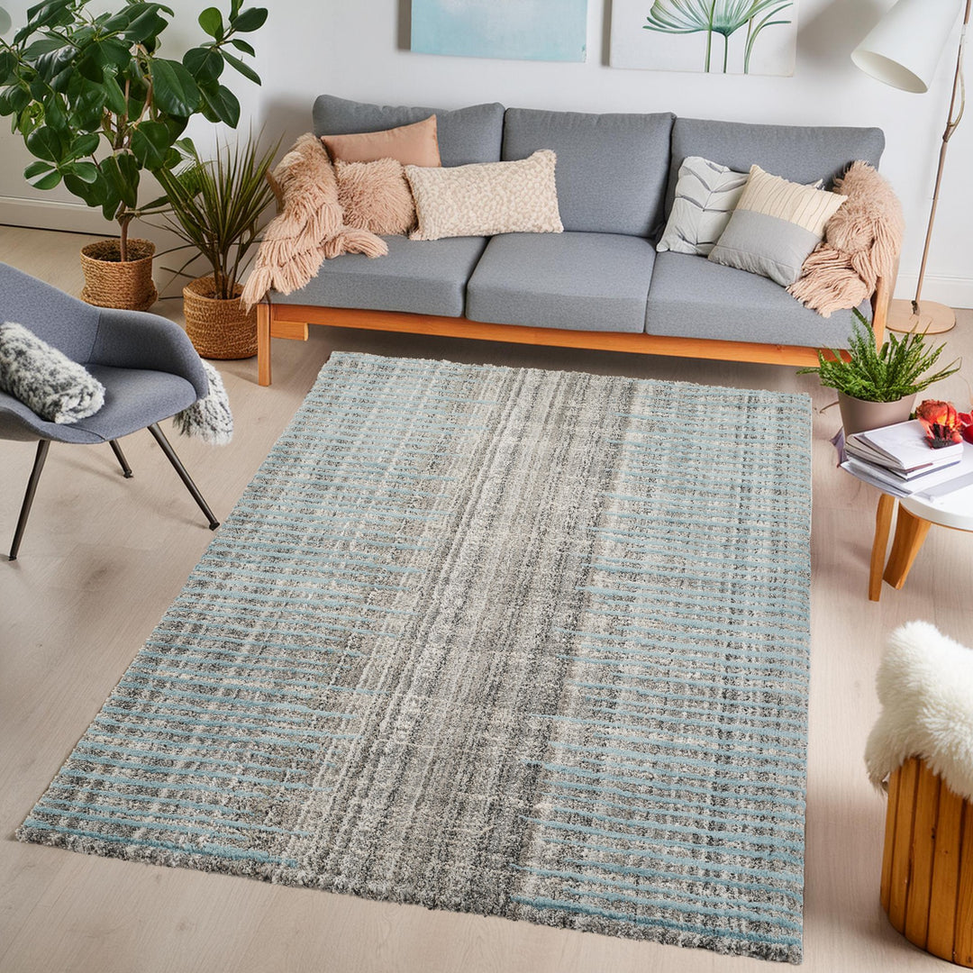 Modern Linear Abstract Area Rug, Blue & Ivory | Soft Polypropylene Blend | Contemporary Indoor Accent Rug