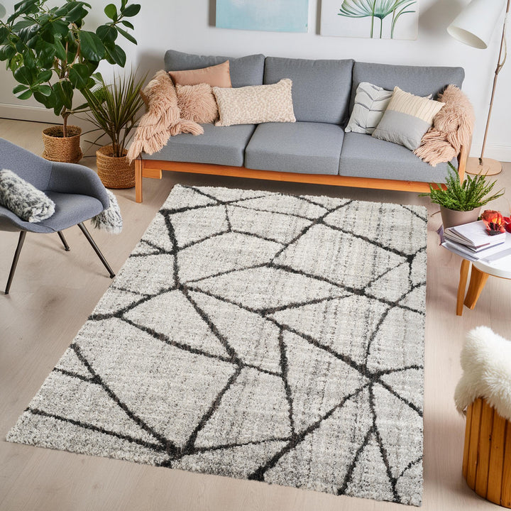 Modern Abstract Geometric Area Rug, Black & Ivory | Contemporary Indoor Accent Rug