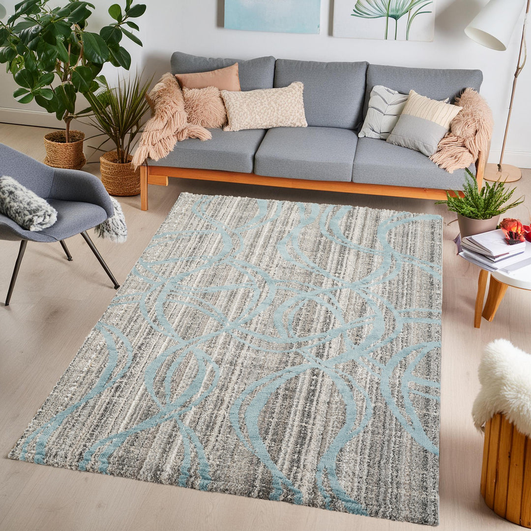 Modern Abstract Swirl Area Rug, Blue & Gray | Soft Polypropylene Blend | Contemporary Indoor Accent Rug