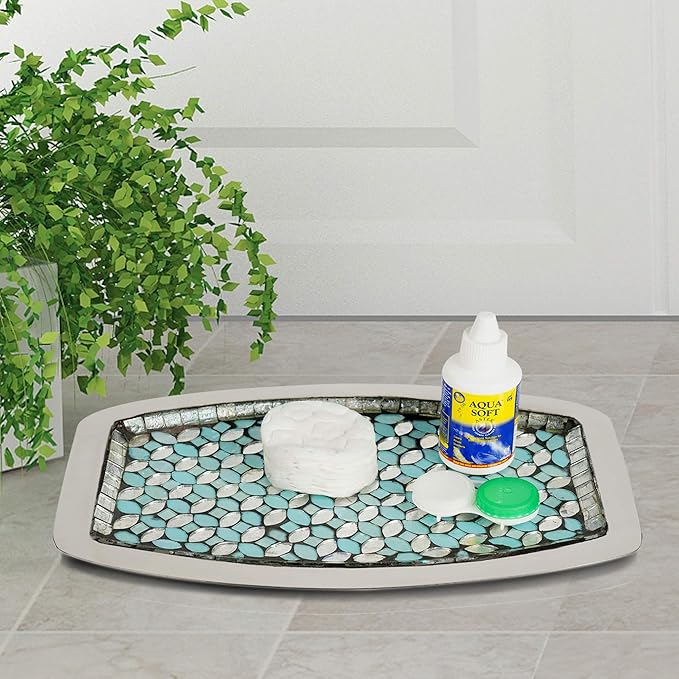Vanity Storage Tank Top Tray Organizer for Makeup Brushes, Tissues, Candles, Soap, Hand Towels, Toilet Paper Storage, Mosaic Glass / Steel