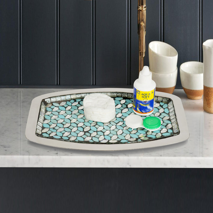 Vanity Storage Tank Top Tray Organizer for Makeup Brushes, Tissues, Candles, Soap, Hand Towels, Toilet Paper Storage, Mosaic Glass / Steel