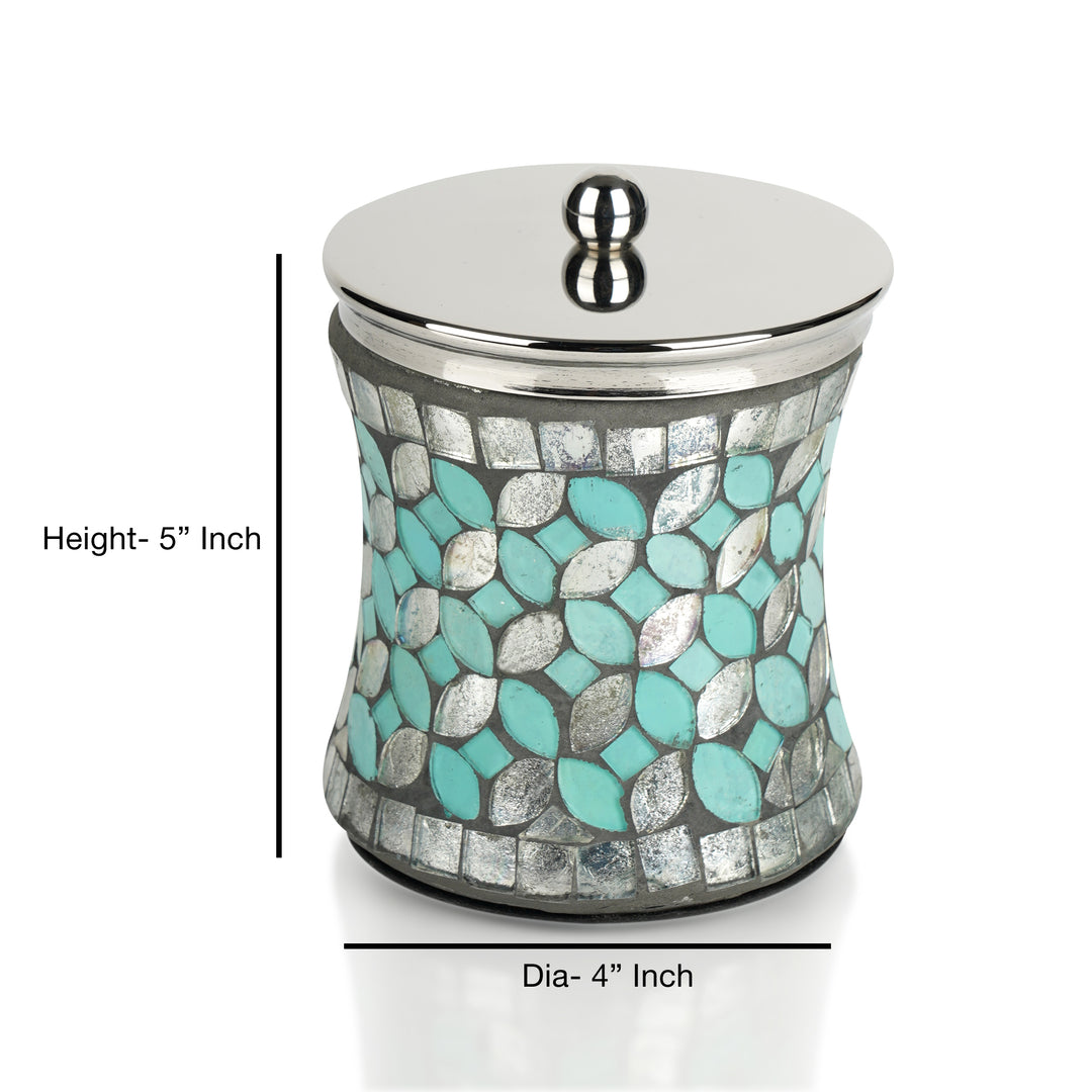 Stainless Steel Canister Jar with Lid for Cosmetics and Makeup Storage, Bathroom, Countertop, Desk, and Vanity, Mosaic Glass Finish