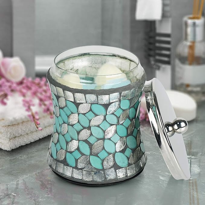 Stainless Steel Canister Jar with Lid for Cosmetics and Makeup Storage, Bathroom, Countertop, Desk, and Vanity, Mosaic Glass Finish