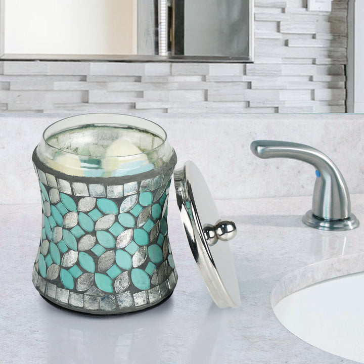 Stainless Steel Canister Jar with Lid for Cosmetics and Makeup Storage, Bathroom, Countertop, Desk, and Vanity, Mosaic Glass Finish