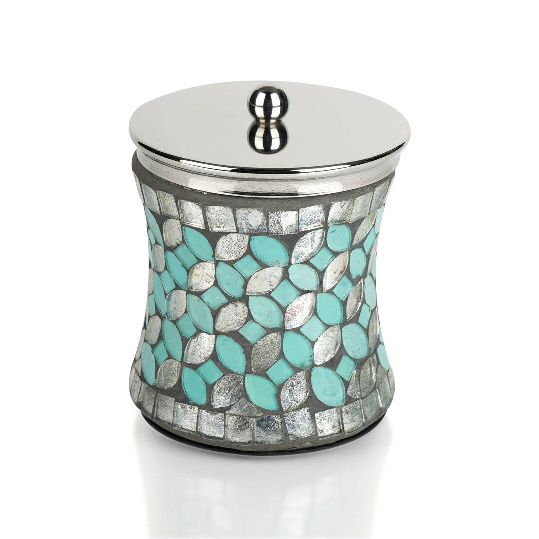 Stainless Steel Canister Jar with Lid for Cosmetics and Makeup Storage, Bathroom, Countertop, Desk, and Vanity, Mosaic Glass Finish