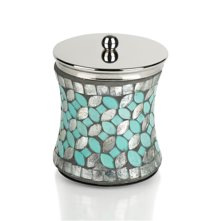 Stainless Steel Canister Jar with Lid for Cosmetics and Makeup Storage, Bathroom, Countertop, Desk, and Vanity, Mosaic Glass Finish
