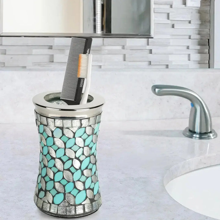 Sea Foam Bathroom Tumbler Cup | Decorative Rinse Cup,Drinking Glass,Toothbrush & Makeup Brush Holder for Vanity Countertops,Sink & Desk | Glass/Steel