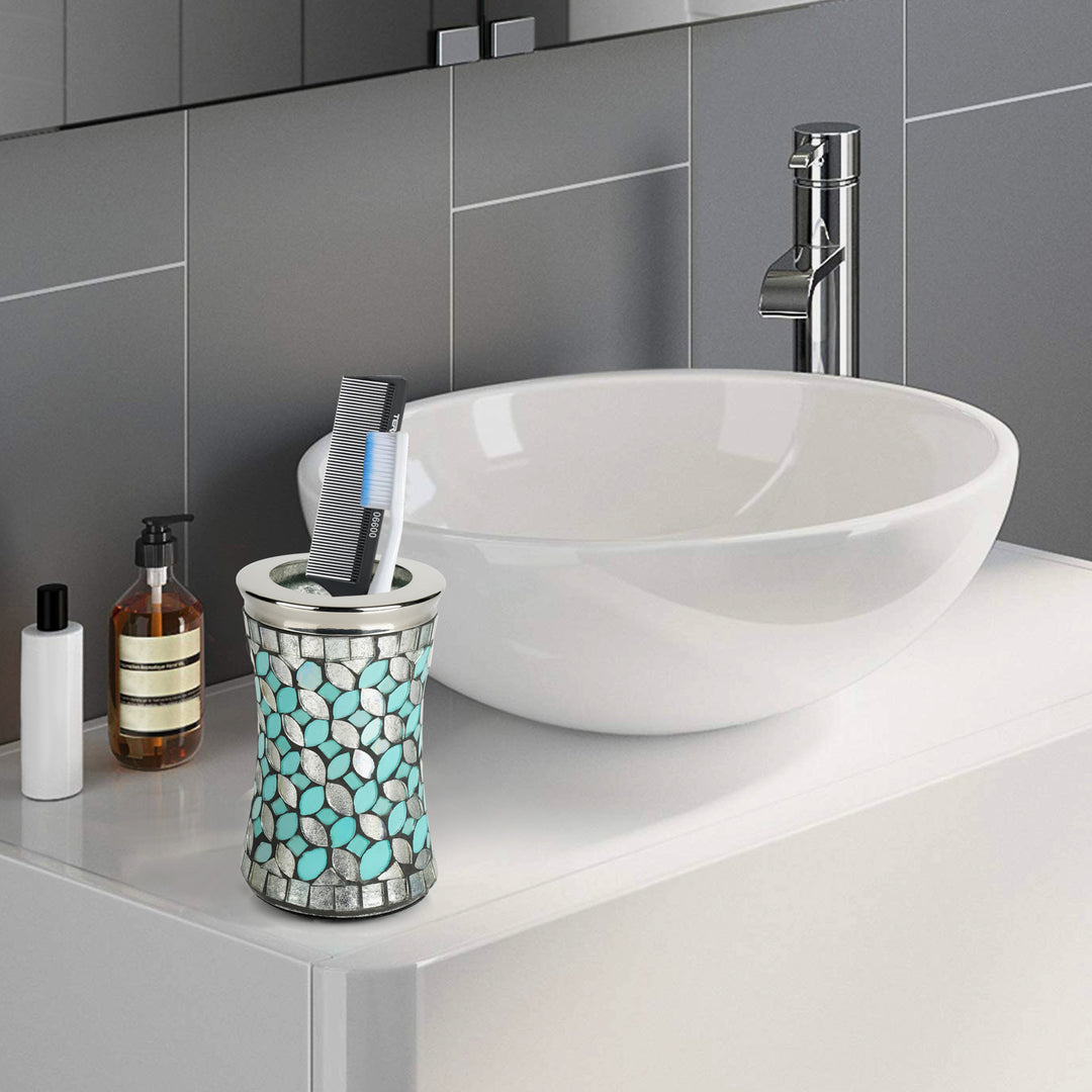 Sea Foam Bathroom Tumbler Cup | Decorative Rinse Cup,Drinking Glass,Toothbrush & Makeup Brush Holder for Vanity Countertops,Sink & Desk | Glass/Steel