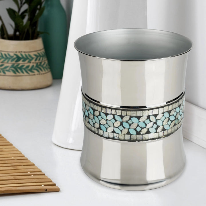 Stainless Steel Wastebasket, 7Qt, Silver & Blue Mosaic