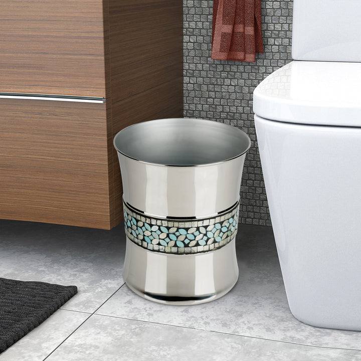 Stainless Steel Wastebasket, 7Qt, Silver & Blue Mosaic