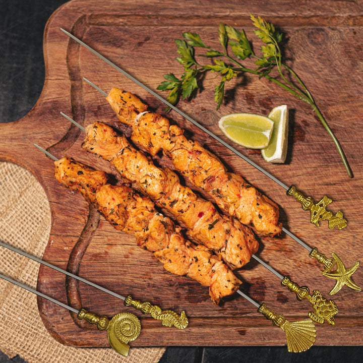 Stainless Steel Skewers with Brass Handle Set of 6 | 17 Inch Long | Skewers For Grilling | Shiny Finish.