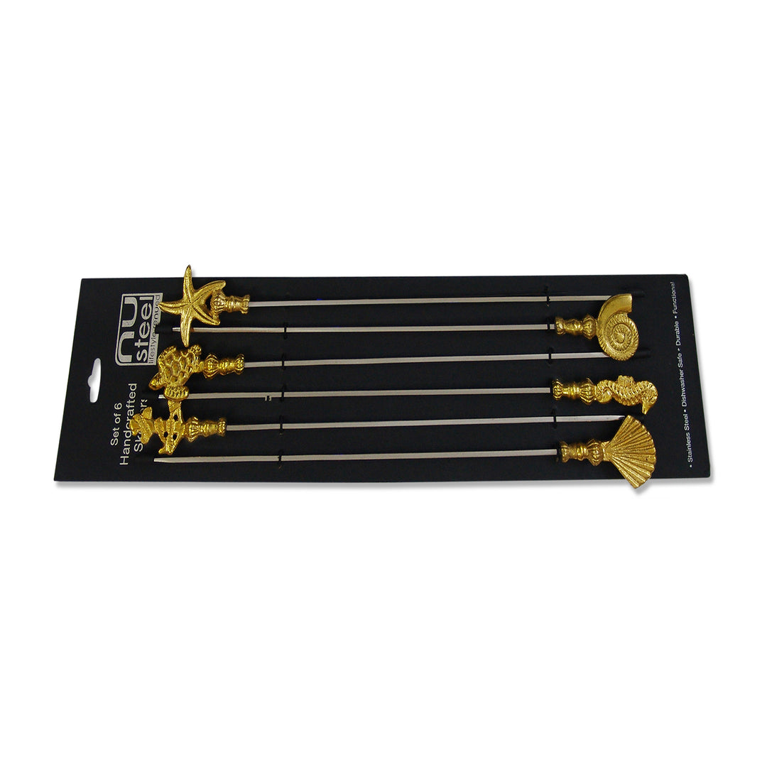 Stainless Steel Skewers with Brass Handle Set of 6 | 17 Inch Long | Skewers For Grilling | Shiny Finish.