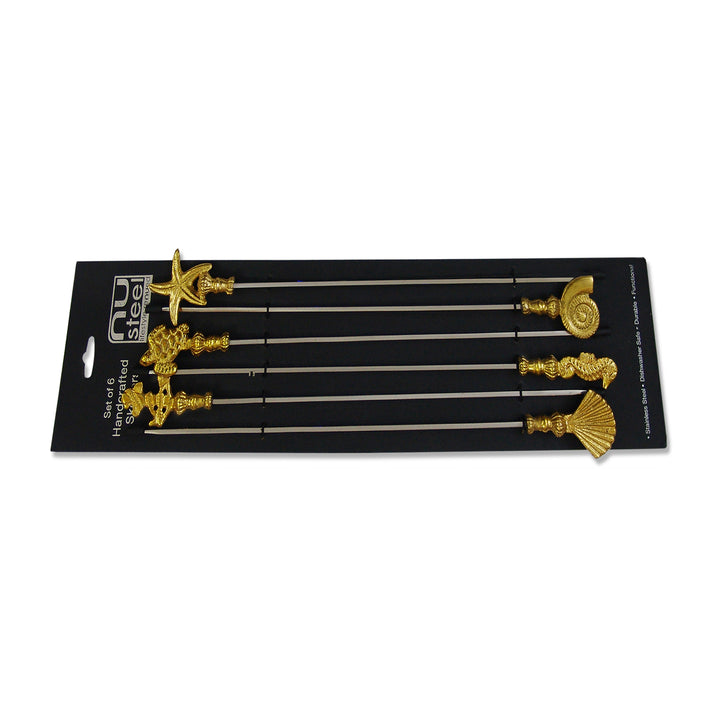 Stainless Steel Skewers with Brass Handle Set of 6 | 17 Inch Long | Skewers For Grilling | Shiny Finish.