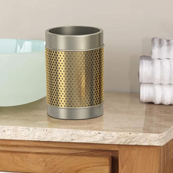 Stainless Steel Bathroom Tumbler Cup | Decorative Rinse Cup,Drinking Glass,Toothbrush & Makeup Brush Holder for Vanity Countertops,Sink & Desk | Pewter/Gold