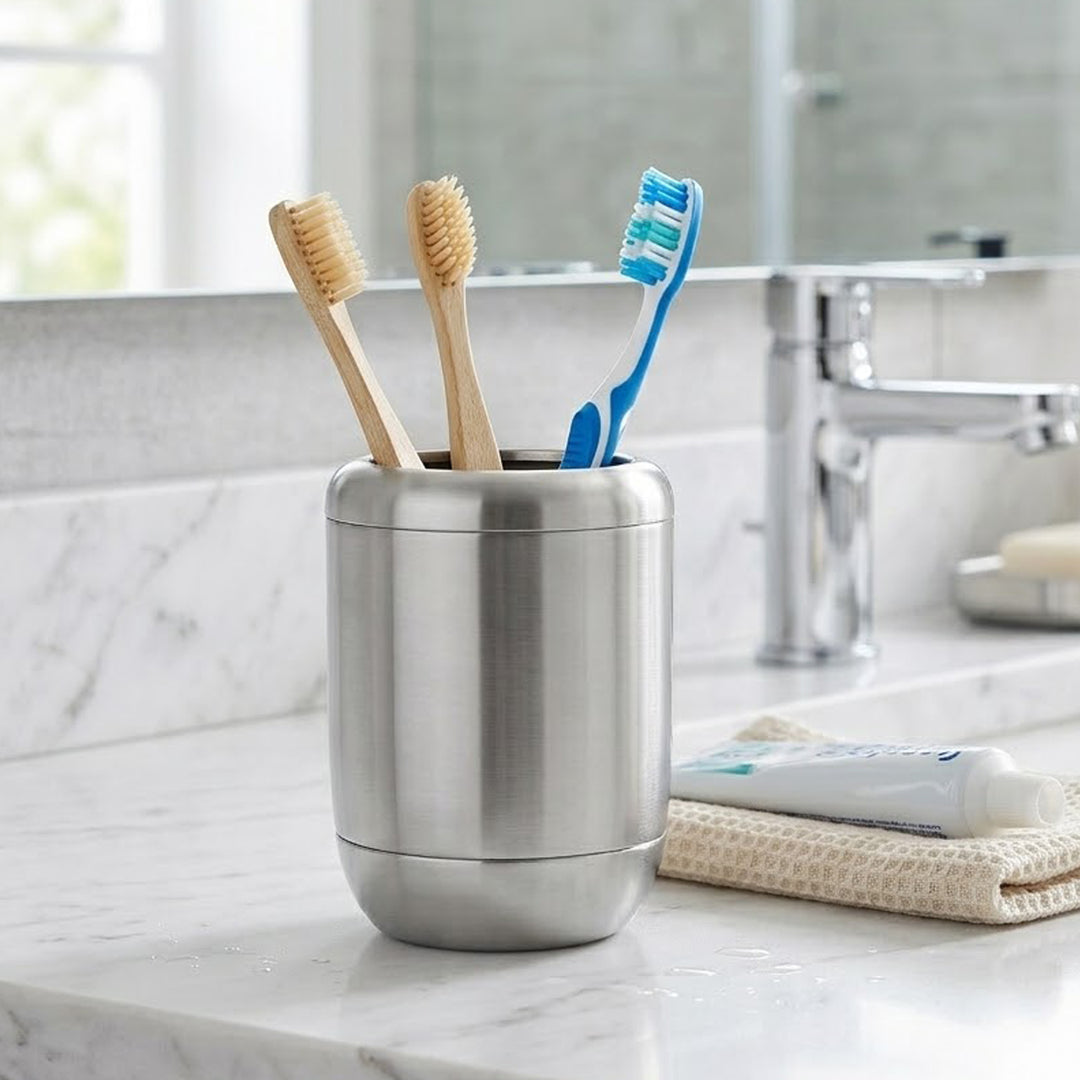 Modern Stainless Steel Toothbrush Holder, 3" x 3" x 5", Brushed Stainless Steel Finish, Rust-Resistant Bathroom Toothbrush Cup & Countertop Organizer