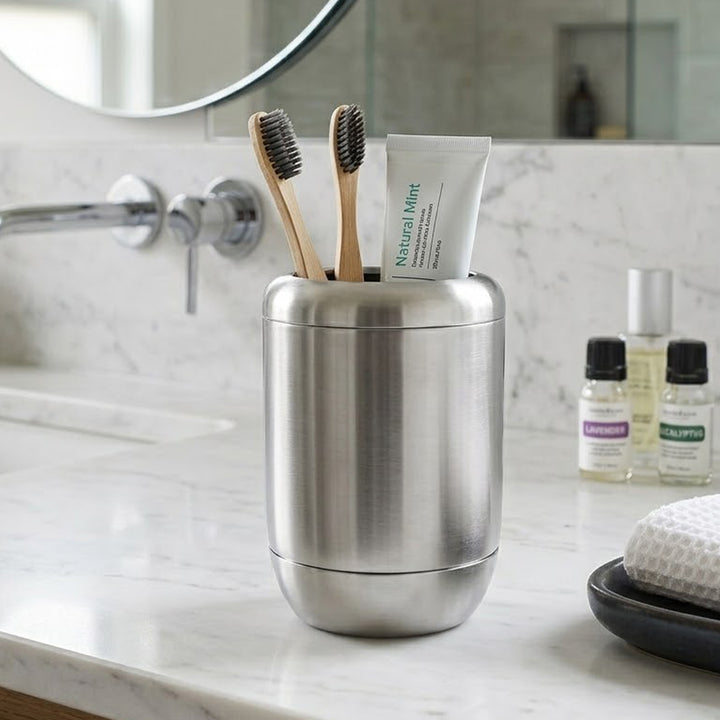 Modern Stainless Steel Toothbrush Holder, 3" x 3" x 4.5", Brushed Stainless Steel Finish, Rust-Resistant Bathroom Toothbrush Cup & Countertop Organizer
